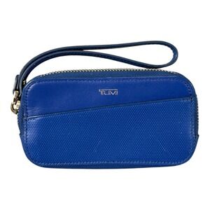 Tumi Wristlet Clutch Women OS Blue Leather Zip Travel Pouch Bag